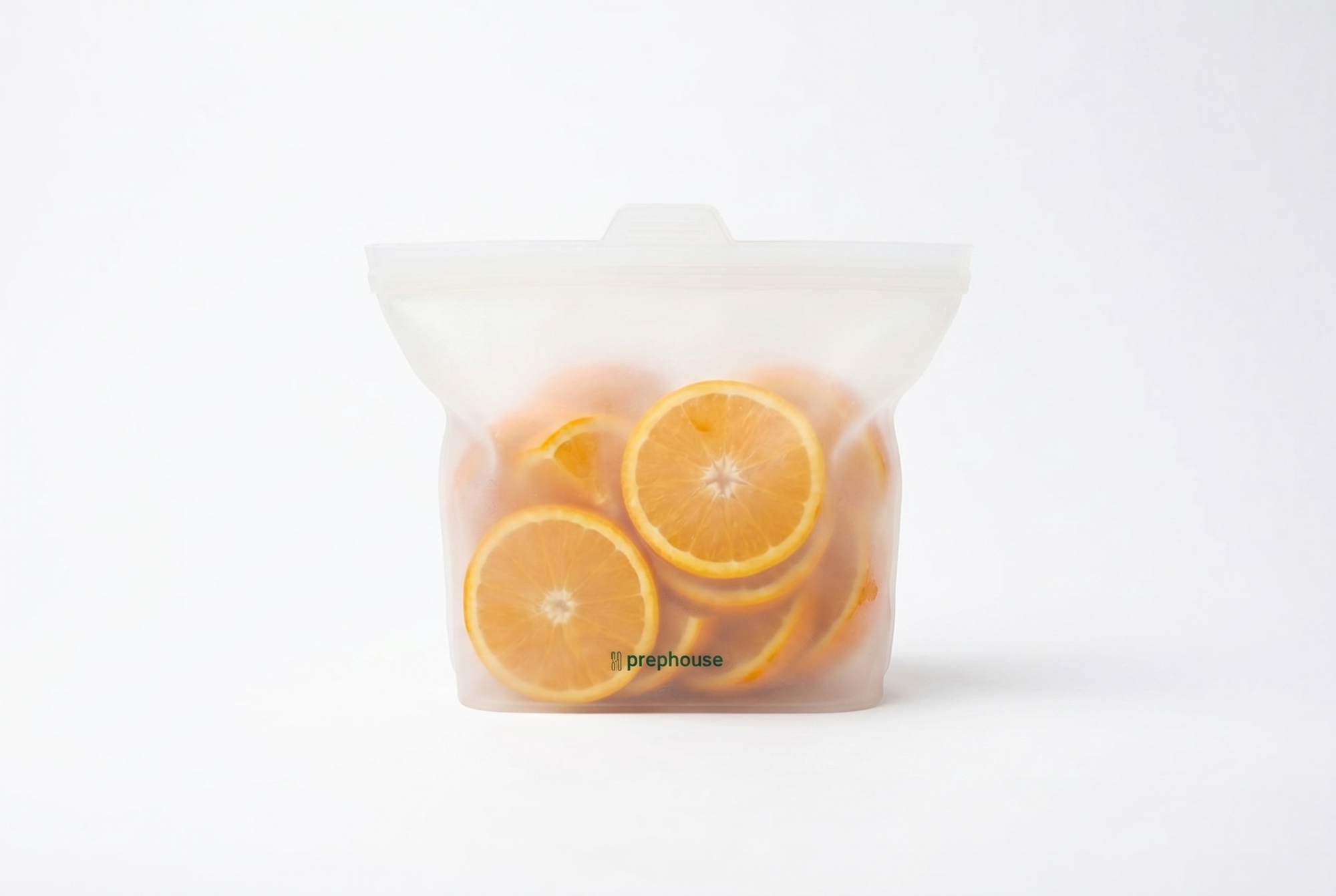 Silicone bag filled with fresh orange slices — see-through clarity