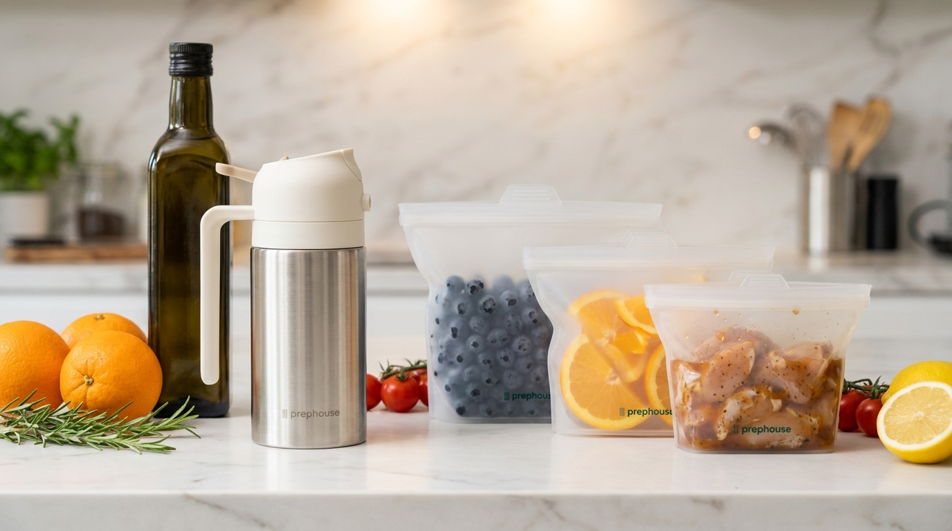 The PrepHouse family — oil mister and silicone prep bags filled with fresh ingredients
